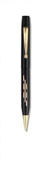 Long Island Wing-Flow #C5 black celluloid fountain pen and mechanical pencil set with gold-filled inlays.
